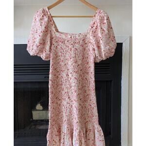 Anthropologie Another Love Floral Smocked Mini Dress M Pink Ruffle CottageCore